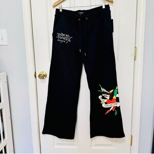 DON ED HARDY TRUE DEATH HEART LOGO WIDE LEG TRACK PANTS JOGGERS BLACK